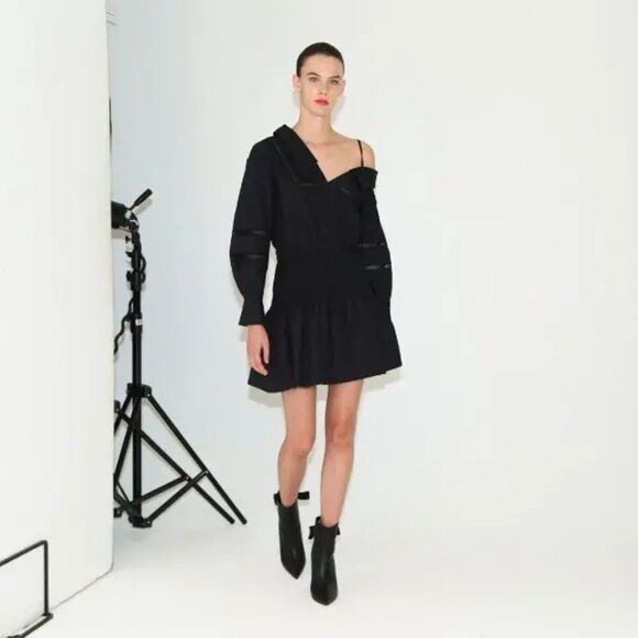 Self-Portrait black cotton poplin off one shoulder slouch long sleeve mini dress - Picture 7 of 7
